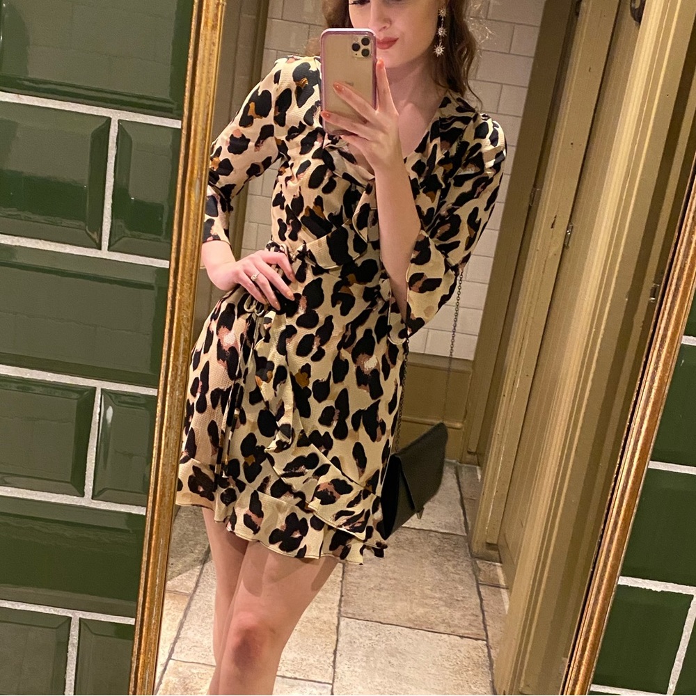 Leopard print wrap dress with frill hem - PrettyLittleThing. US Size 4.